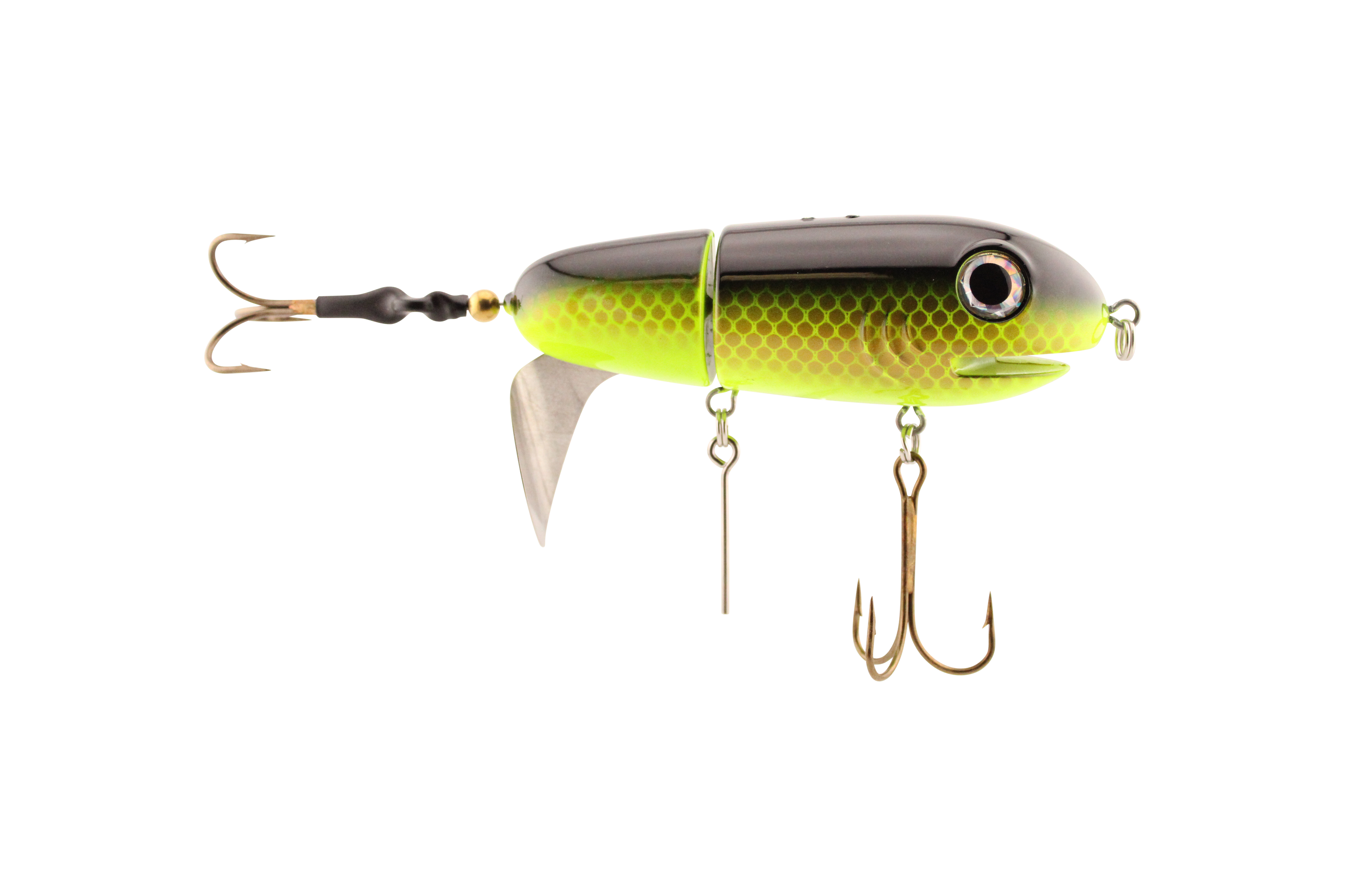 Fishing lure with a green and brown body on a white background
