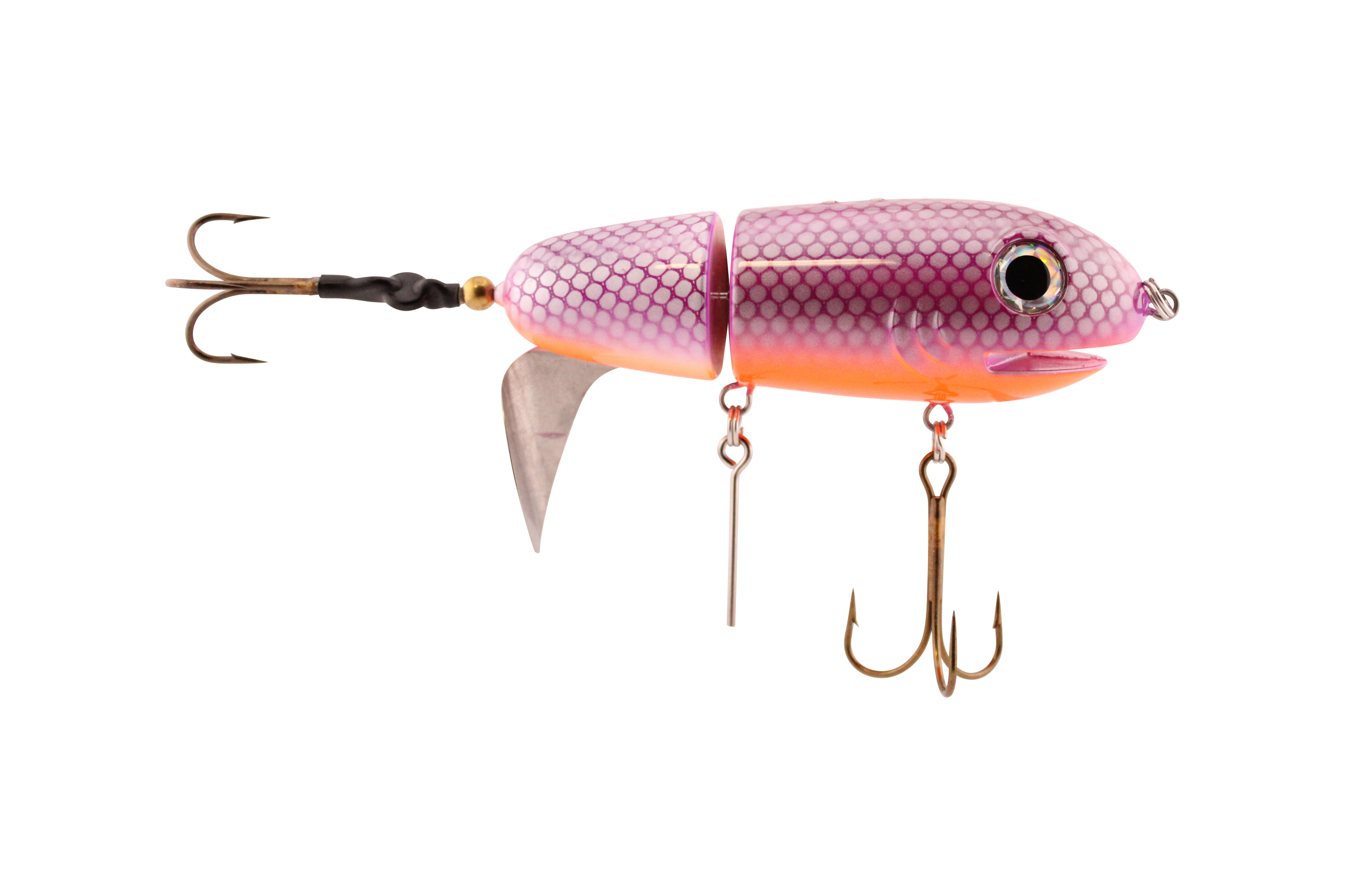 Fishing lure with pink and orange gradient on a white background