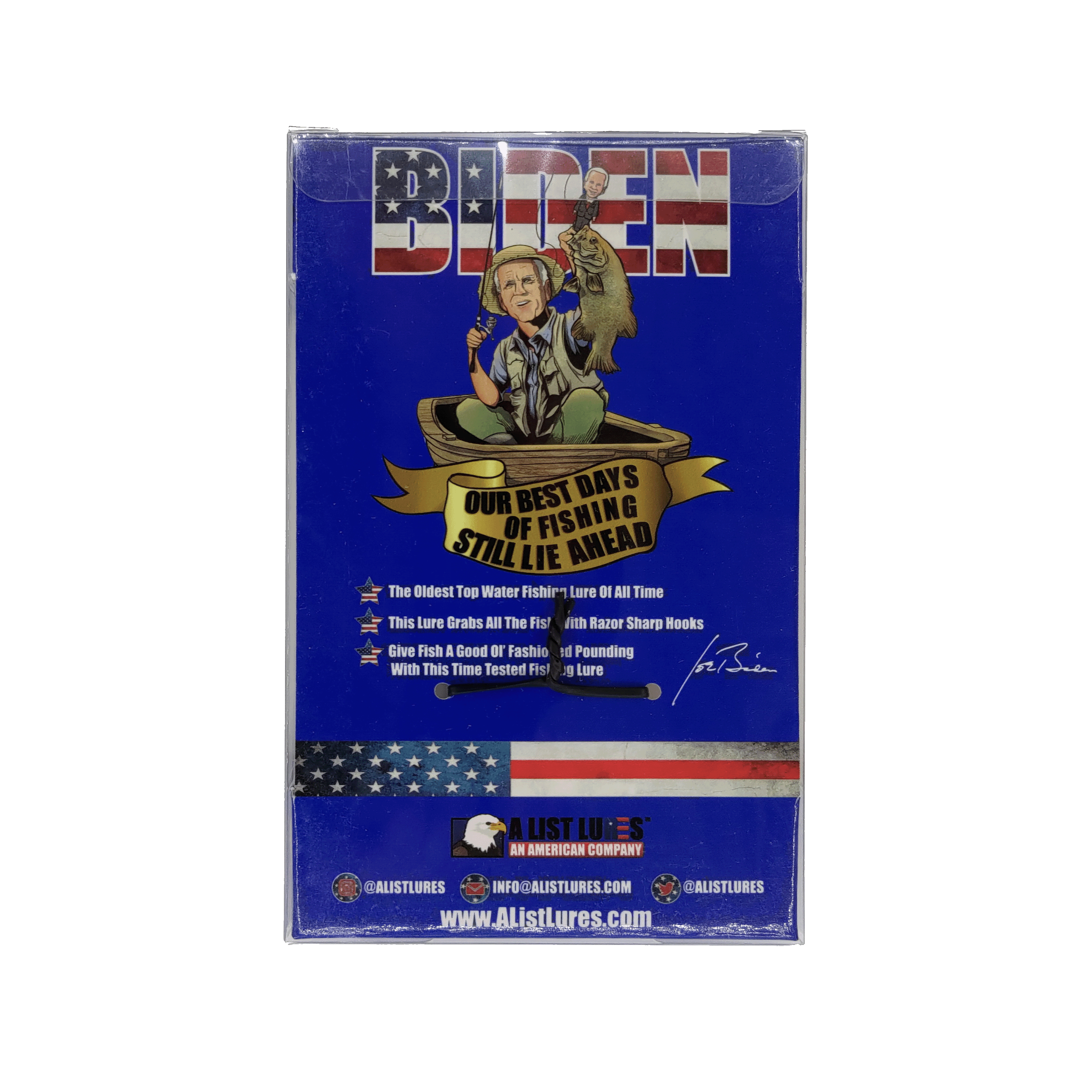 Product packaging with a blue background featuring text and graphics, including an American flag design.