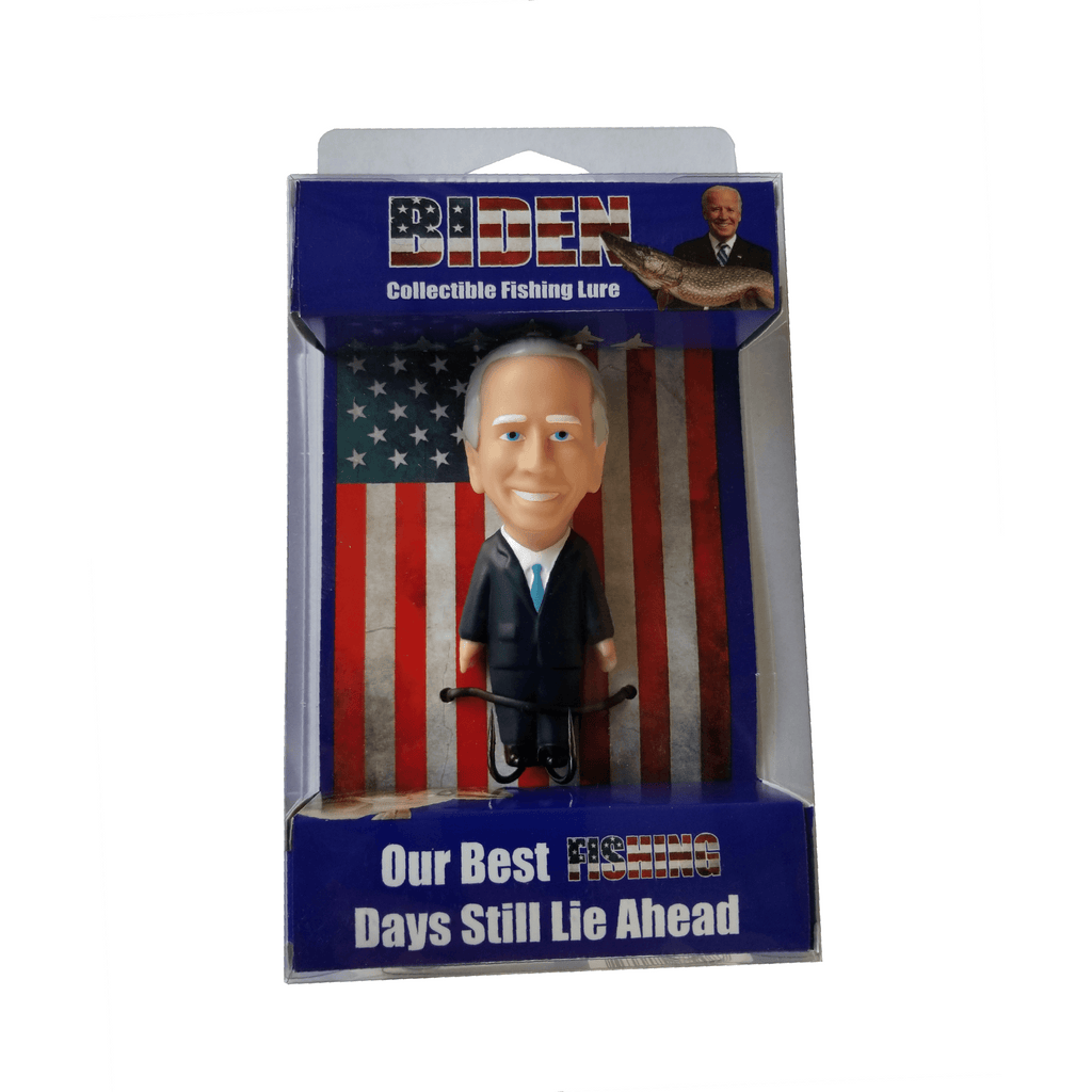 Collectible fishing lure with a figure of a person in a suit, branded 'Biden', on packaging with American flag design.