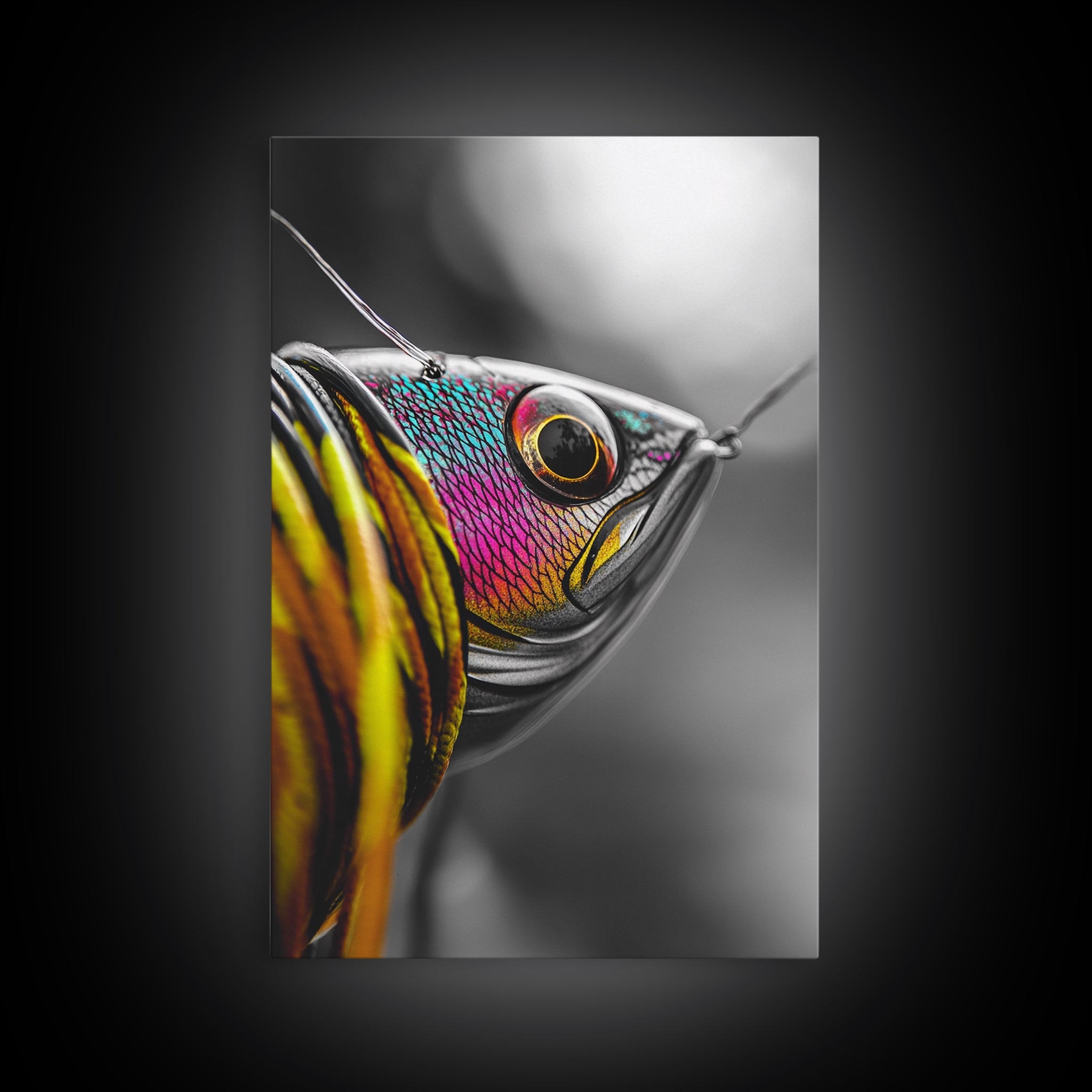 Colorful Lure, Fishing Hook, Bold Scales, Rainbow Detail, Framed Canvas Print, Man Cave Art, Fishing Decor, Vibrant Realism W