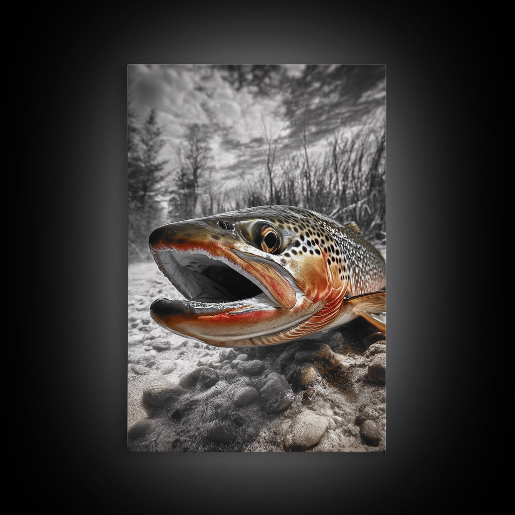 Brown Trout Closeup, Riverbed Focus, Dramatic Fish Art, Framed Canvas Print, Fisherman Gift, Cabin Wall Art, Rustic Outdoor D