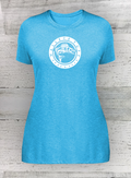 Blue t-shirt with a white logo on a wooden background