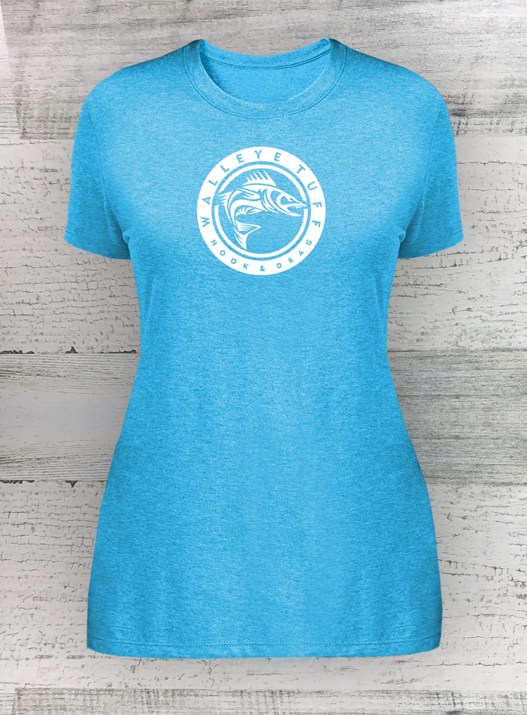 Blue t-shirt with a white logo on a wooden background