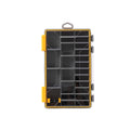 A black and yellow organized tool storage organizer case with multiple compartments, shown from a top-down view on a white background.