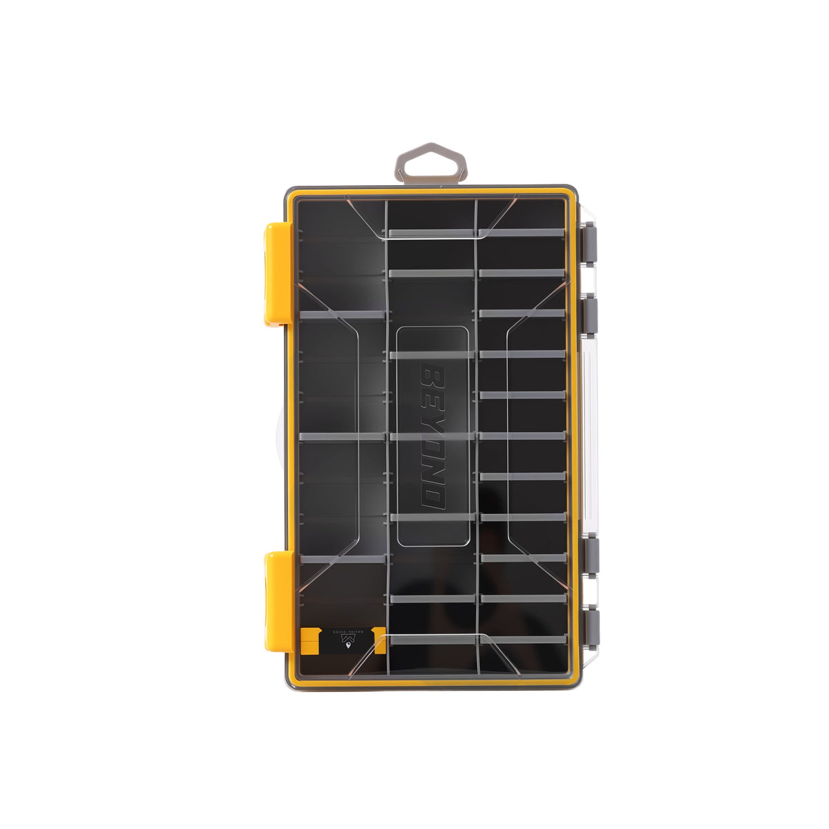 A black and yellow organized tool storage organizer case with multiple compartments, shown from a top-down view on a white background.