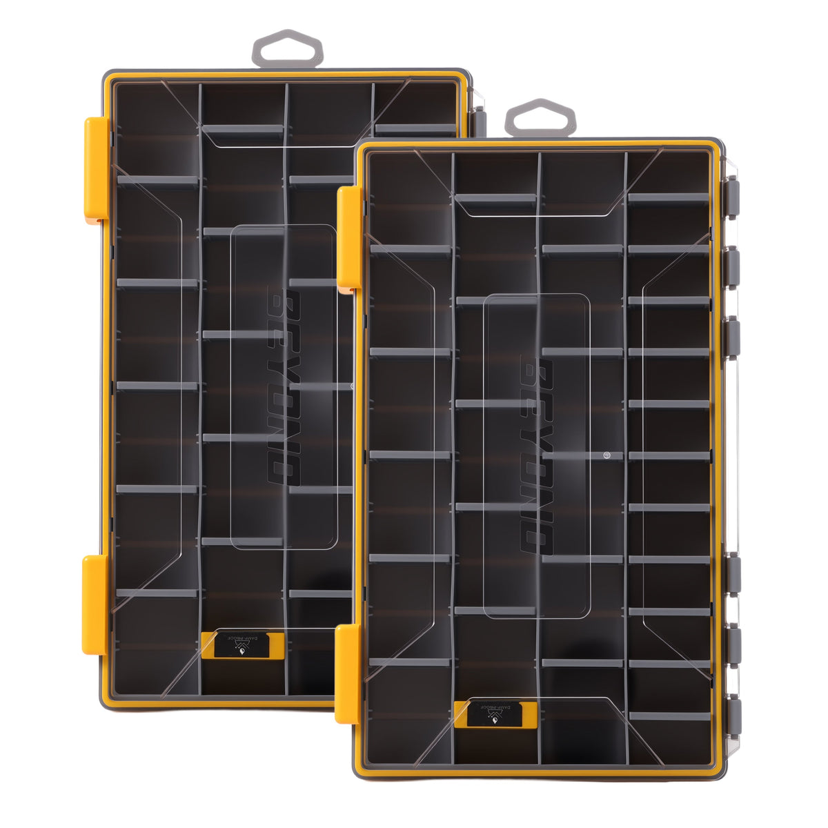 Two black and yellow organized plastic storage organizer boxes shown on a plain white background.