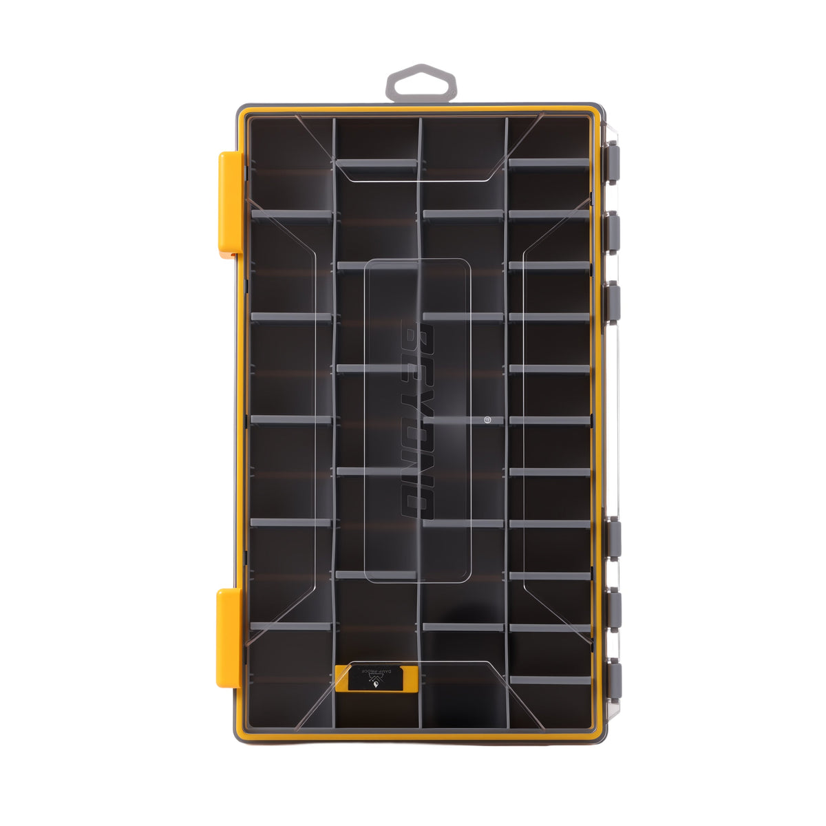 A black and yellow organizer box with multiple internal compartments, shown from the front on a white background.