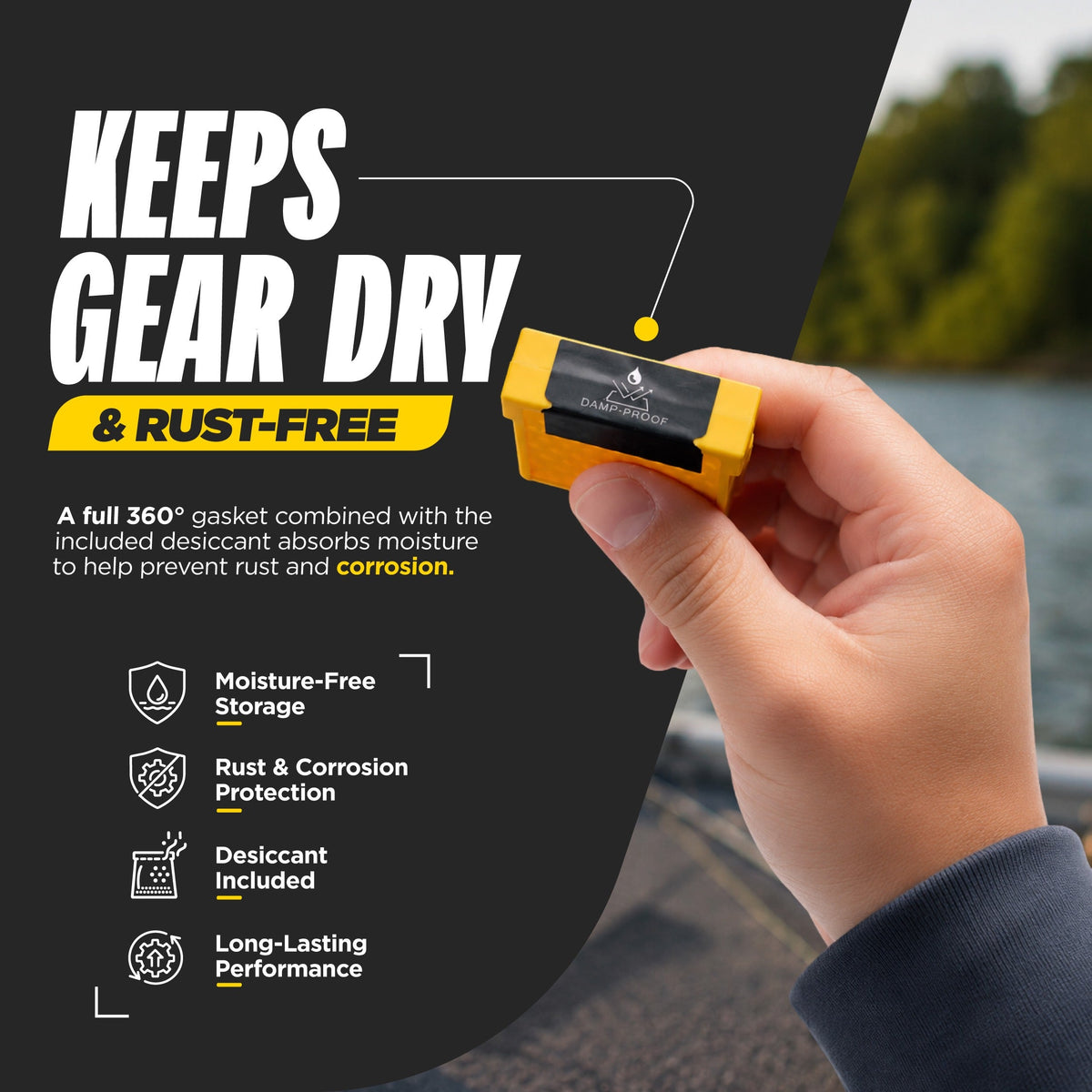 A hand holds a small yellow and black desiccant gasket outdoors near water, with promotional text on a dark background about keeping gear dry and rust-free.