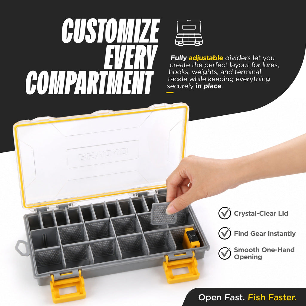A gray and yellow fishing tackle organizer case shown open, with a hand placing a lure into one of the divided compartments. The image includes marketing text and feature callouts on a black, white, and gray background.