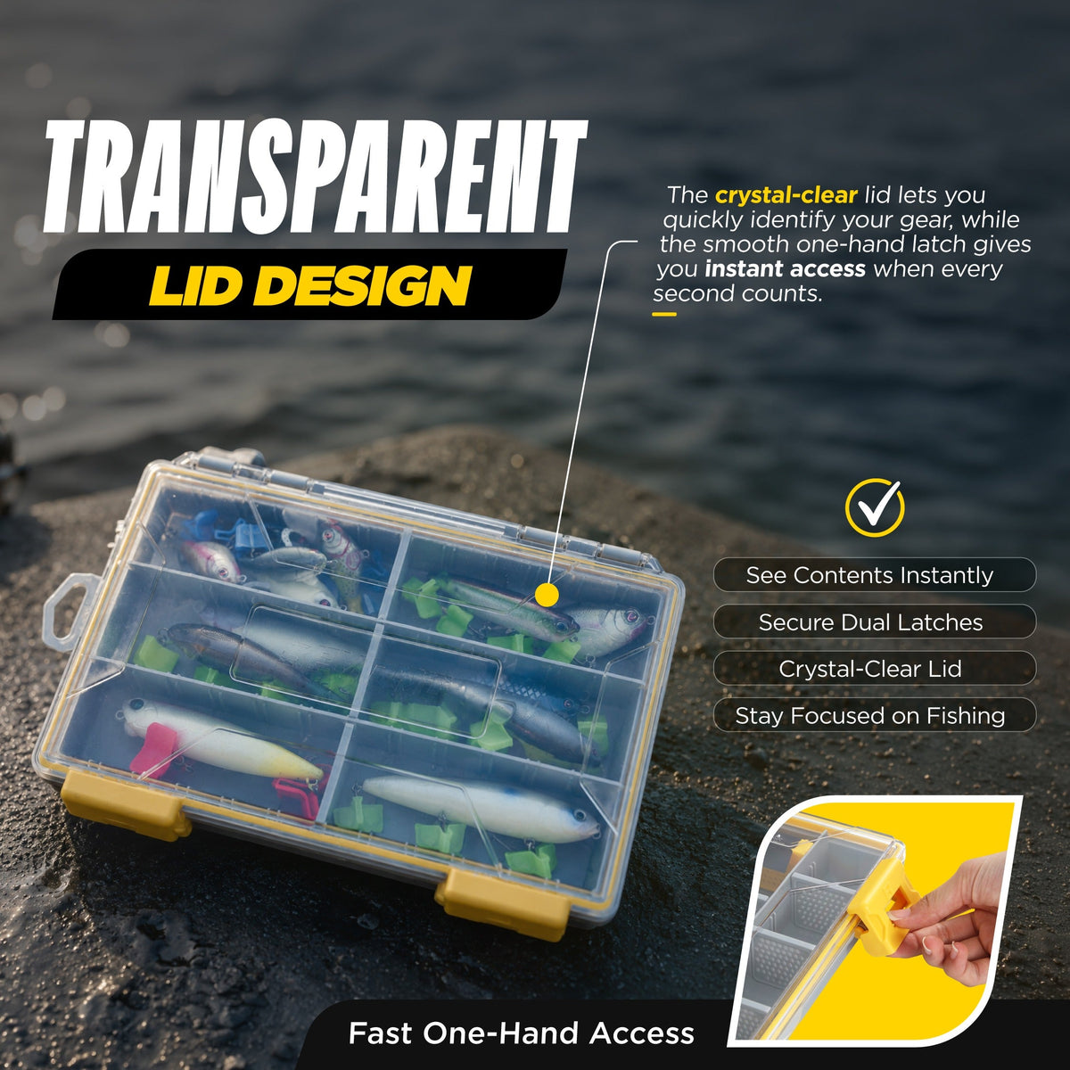 Transparent fishing tackle box with yellow latches, shown open on a dark rocky surface with fishing lures inside. Large text reads 'TRANSPARENT LID DESIGN' with callout copy about the clear lid and one-hand access, plus a small inset showing a hand using the lid.