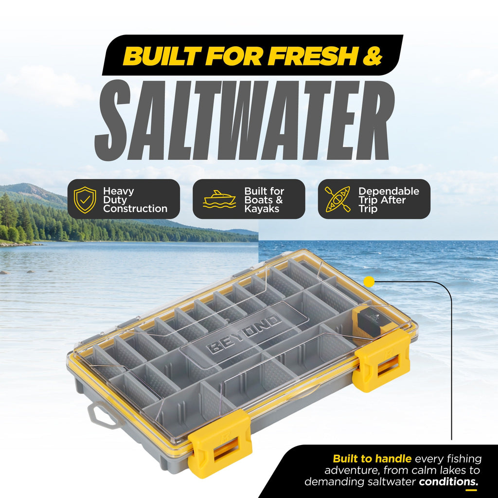 A gray and yellow organized fishing tackle box shown over a lake background with marketing text reading 'Built for Fresh & Saltwater' and feature callouts including heavy duty construction, built for boats & kayaks, and dependable trip after trip.