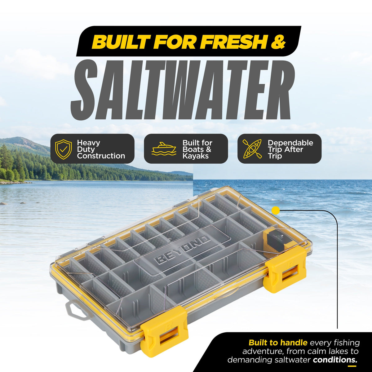 A gray and yellow organized fishing tackle box shown over a lake background with marketing text reading 'Built for Fresh & Saltwater' and feature callouts including heavy duty construction, built for boats & kayaks, and dependable trip after trip.