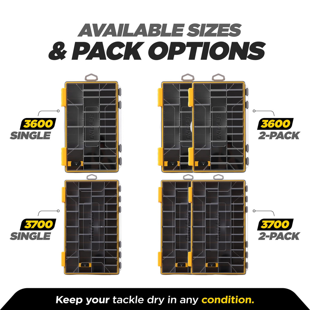 Informational graphic showing available sizes and pack options for a tackle storage organizer. The image displays four views of a black and yellow organizer case, labeled as 3600 single, 3600 two-pack, 3700 single, and 3700 two-pack, with text at the top reading 'AVAILABLE SIZES & PACK OPTIONS' and a bottom banner reading 'Keep your tackle dry in any condition.