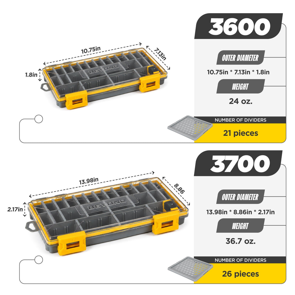 Two gray and yellow plastic organizer trays shown with dimension callouts and product specs. The top tray is labeled 3600 with outer diameter 10.