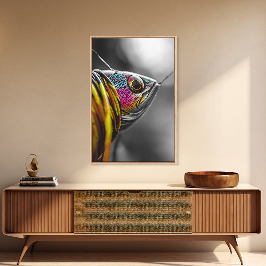 Colorful Lure, Fishing Hook, Bold Scales, Rainbow Detail, Framed Canvas Print, Man Cave Art, Fishing Decor, Vibrant Realism W
