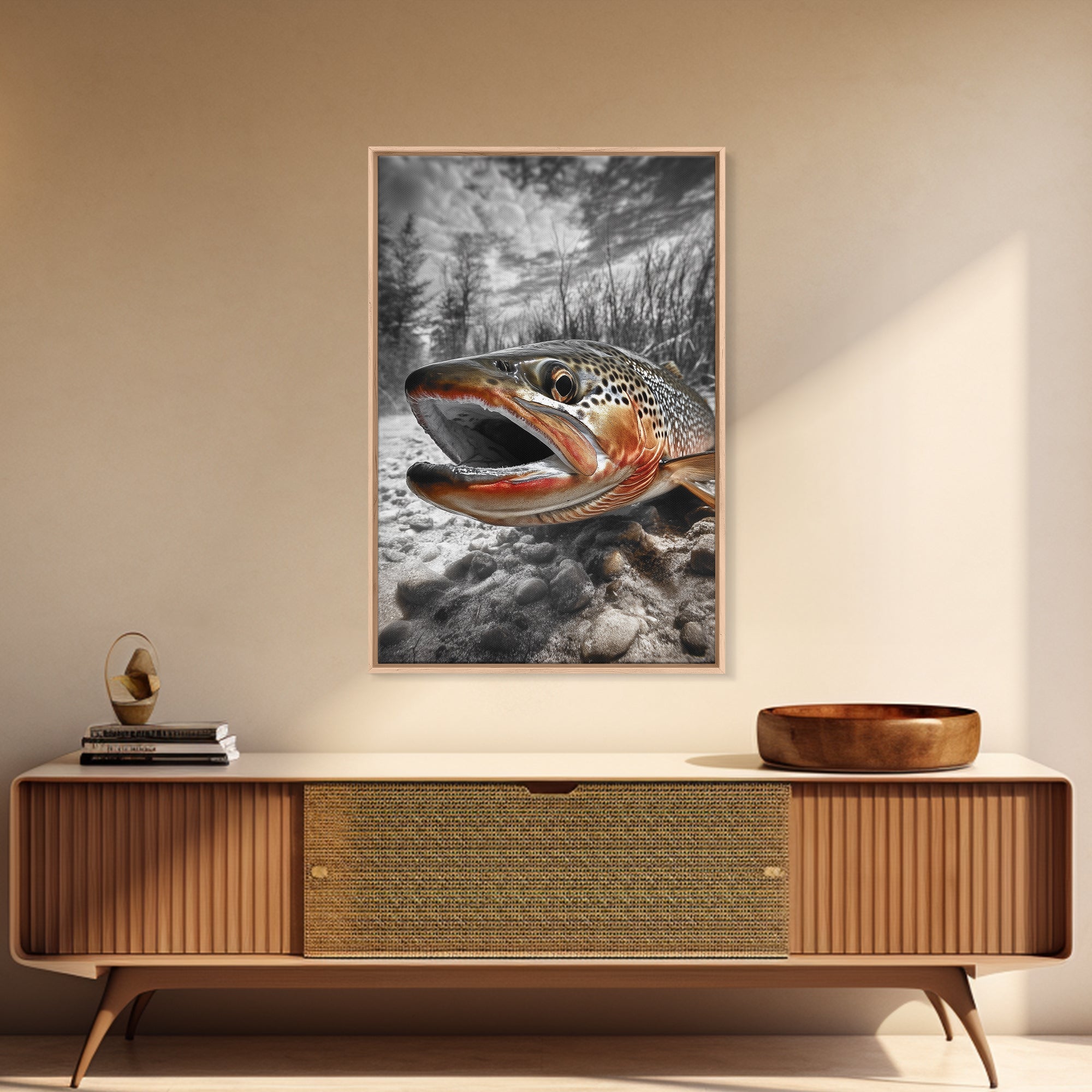 Brown Trout Closeup, Riverbed Focus, Dramatic Fish Art, Framed Canvas Print, Fisherman Gift, Cabin Wall Art, Rustic Outdoor D