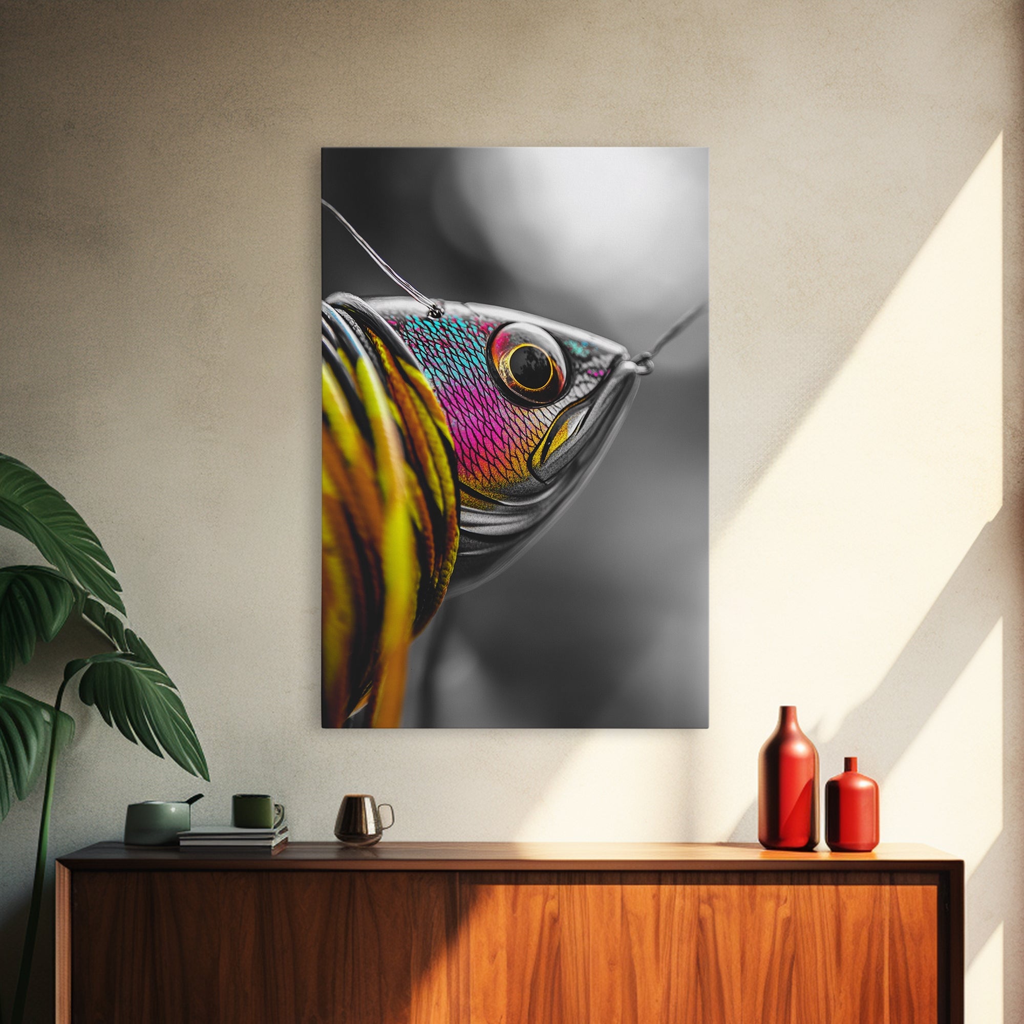Colorful Lure, Fishing Hook, Bold Scales, Rainbow Detail, Framed Canvas Print, Man Cave Art, Fishing Decor, Vibrant Realism W