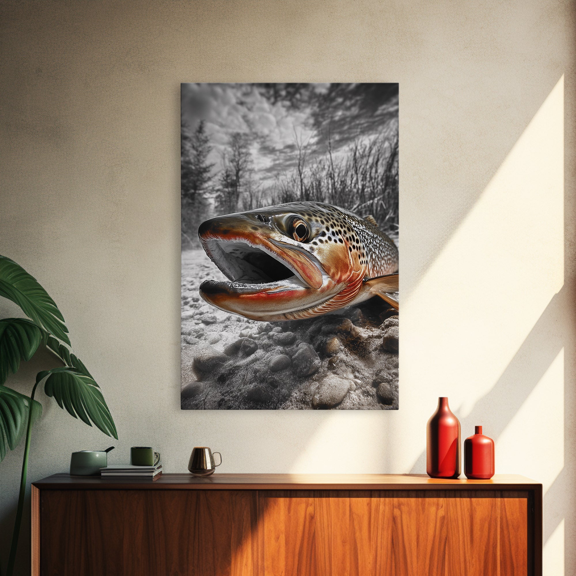 Brown Trout Closeup, Riverbed Focus, Dramatic Fish Art, Framed Canvas Print, Fisherman Gift, Cabin Wall Art, Rustic Outdoor D