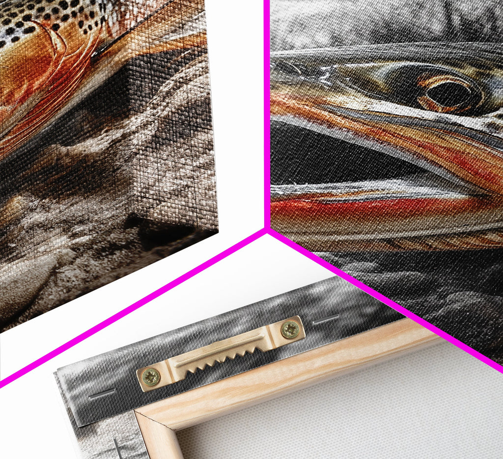Brown Trout Closeup, Riverbed Focus, Dramatic Fish Art, Framed Canvas Print, Fisherman Gift, Cabin Wall Art, Rustic Outdoor D