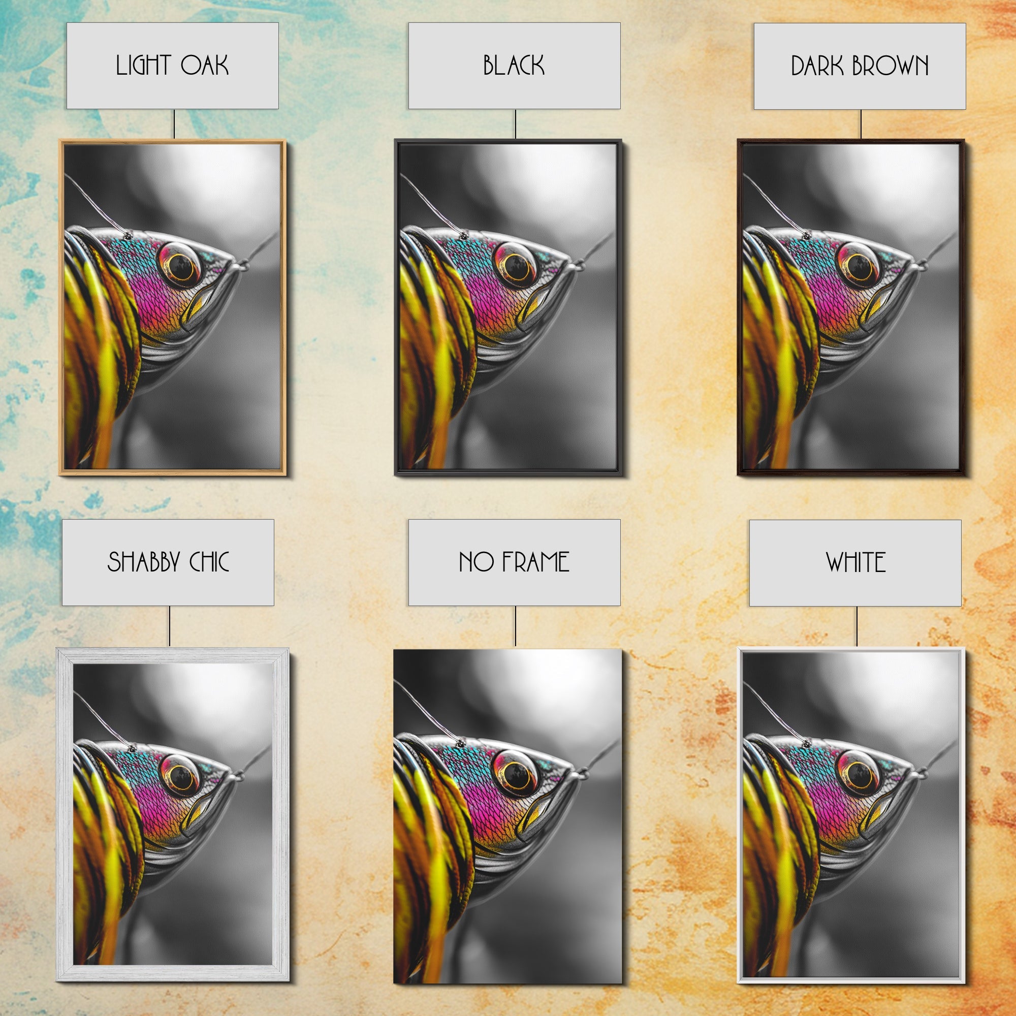 Colorful Lure, Fishing Hook, Bold Scales, Rainbow Detail, Framed Canvas Print, Man Cave Art, Fishing Decor, Vibrant Realism W