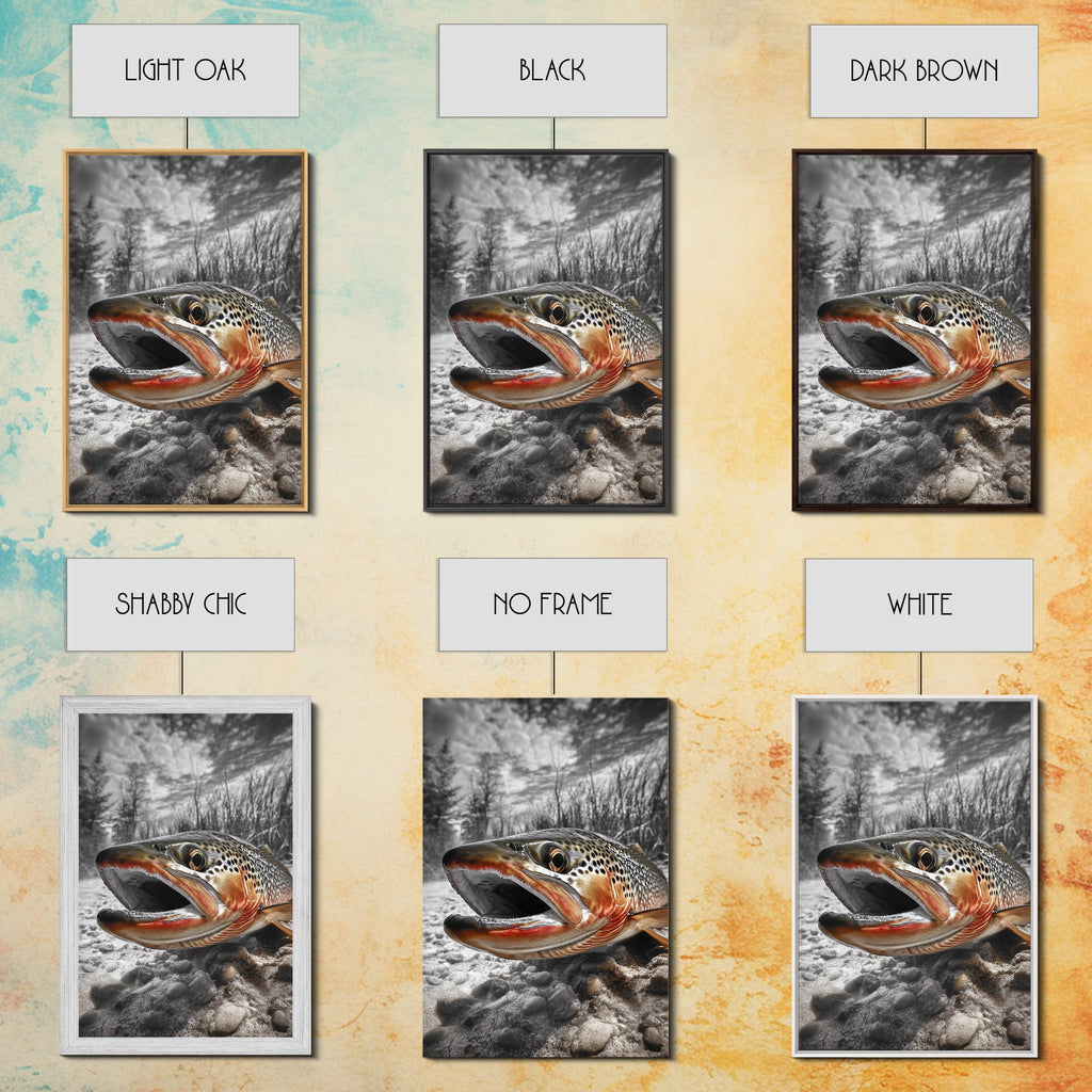 Brown Trout Closeup, Riverbed Focus, Dramatic Fish Art, Framed Canvas Print, Fisherman Gift, Cabin Wall Art, Rustic Outdoor D