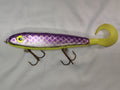 Fishing lure with purple and yellow design on a white background