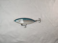 Fishing lure with a metallic finish on a white background