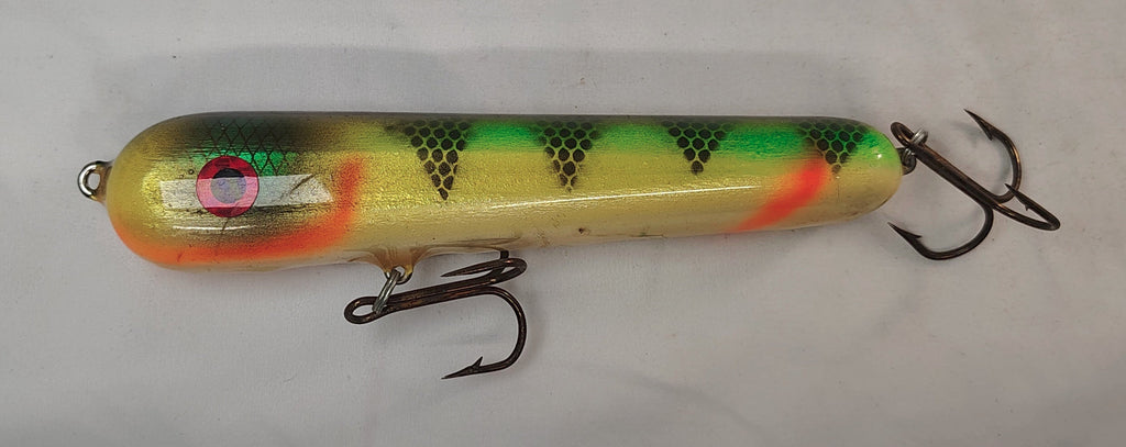 Fishing lure with a colorful pattern on a white background