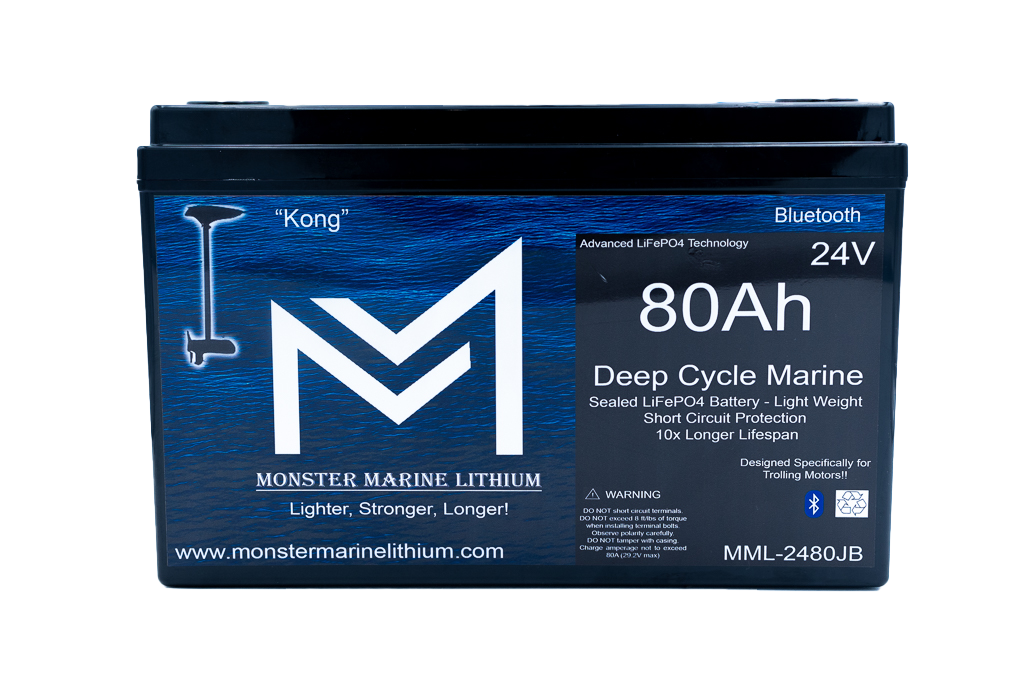 Monster Marine Lithium battery with blue and black design on a white background