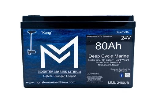 Monster Marine Lithium battery with blue and black design on a white background