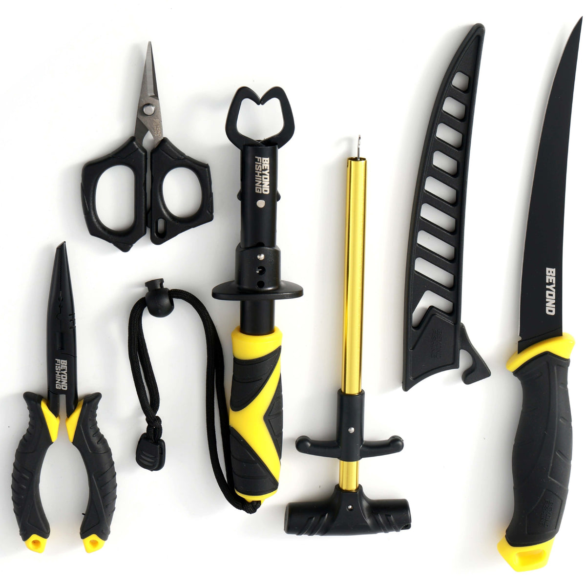 A set of six outdoor survival and fishing tools arranged on a plain white background, including black and yellow-handled shears, a multi-tool, a knife, a sharpener, and a small black cord accessory.