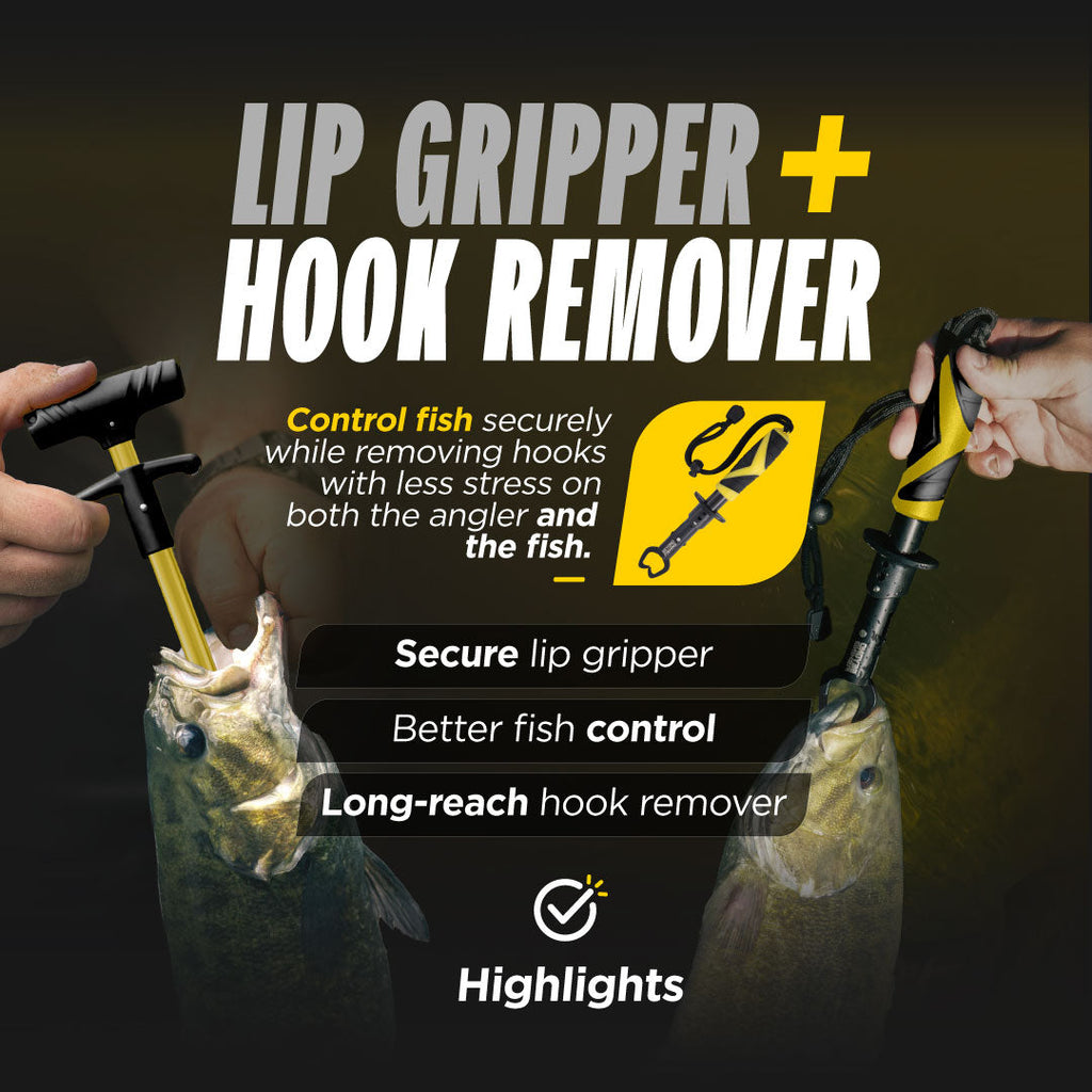 Lip gripper and hook remover with text highlighting features on a dark background