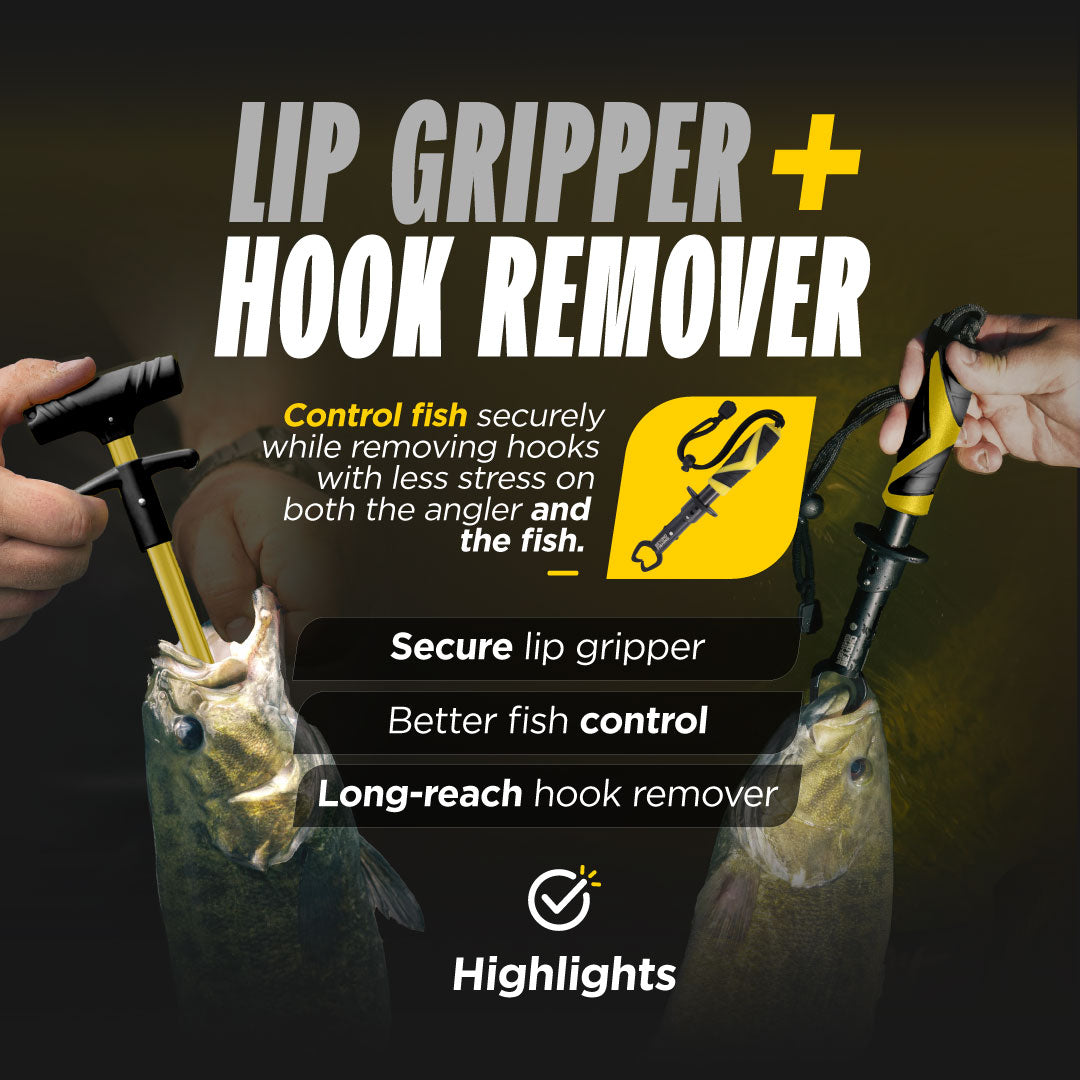 Lip gripper and hook remover with text highlighting features on a dark background