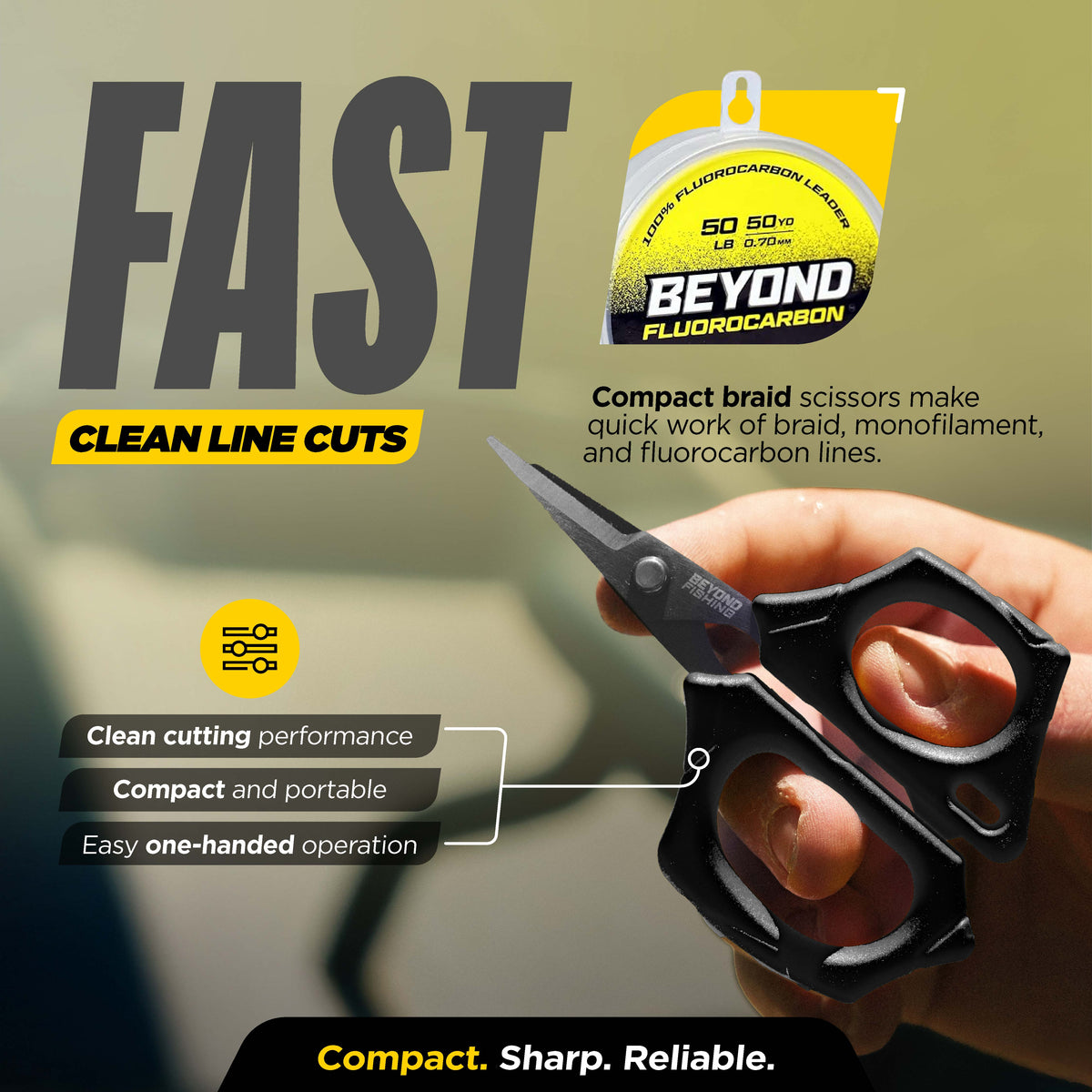 Compact braid scissors held by a hand with promotional text about cleaning line cuts and product features.