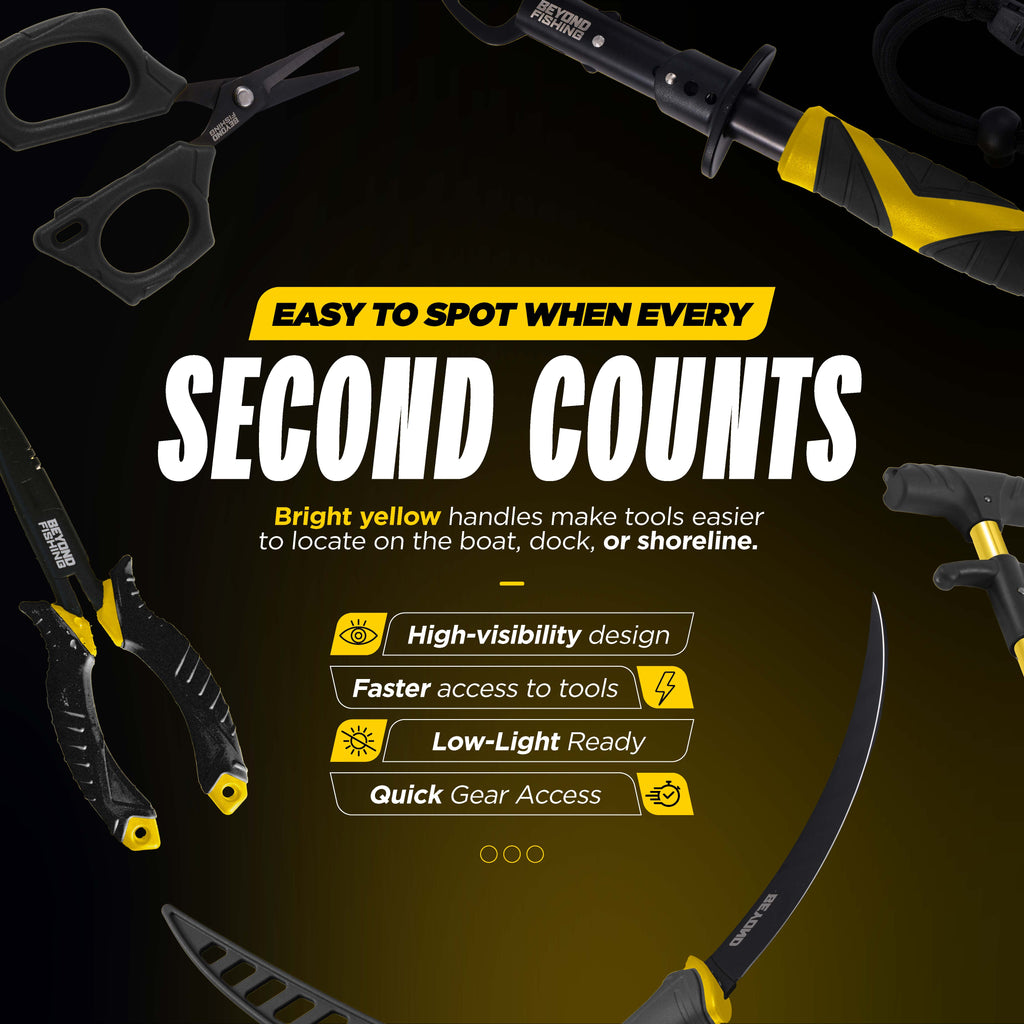Tools with bright yellow handles on a black background, emphasizing visibility and quick access.