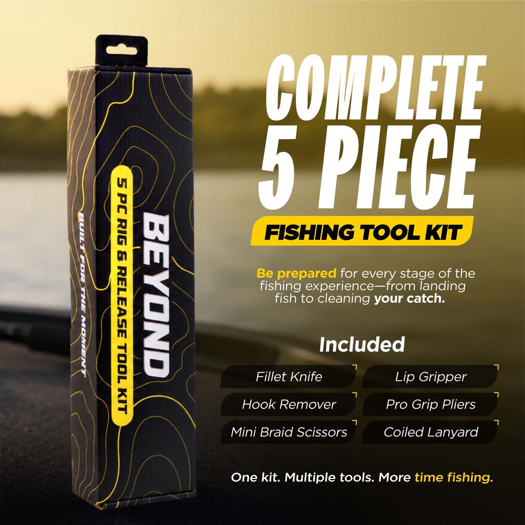 Fishing tool kit packaging with text on a blurred fishing scene background