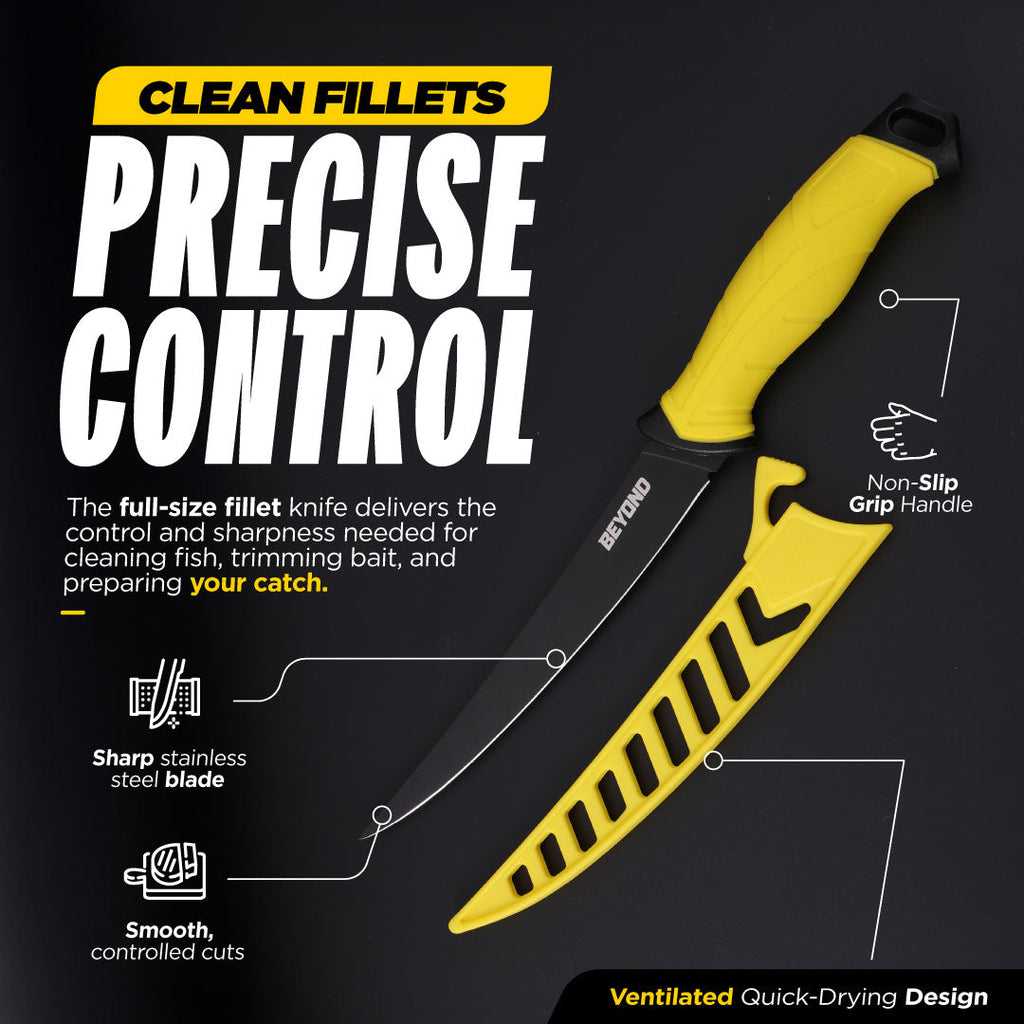 Yellow fillet knife with text highlighting features on a black background
