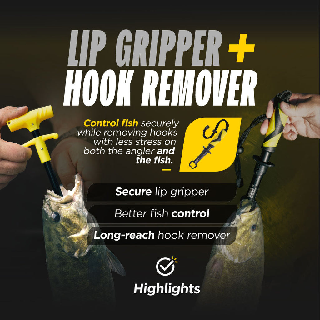 Promotional graphic for a lip gripper and hook remover tool set, showing two hands holding fish with the yellow-and-black tools inserted into the lips. Large text reads 'LIP GRIPPER + HOOK REMOVER' with feature callouts and the brand name Highlights at the bottom.