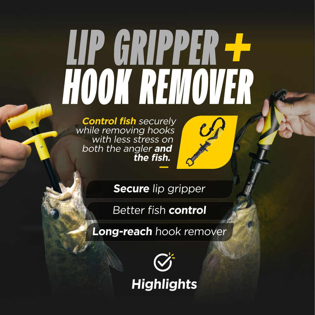 Promotional graphic for a lip gripper and hook remover tool set, showing two hands holding fish with the yellow-and-black tools inserted into the lips. Large text reads 'LIP GRIPPER + HOOK REMOVER' with feature callouts and the brand name Highlights at the bottom.
