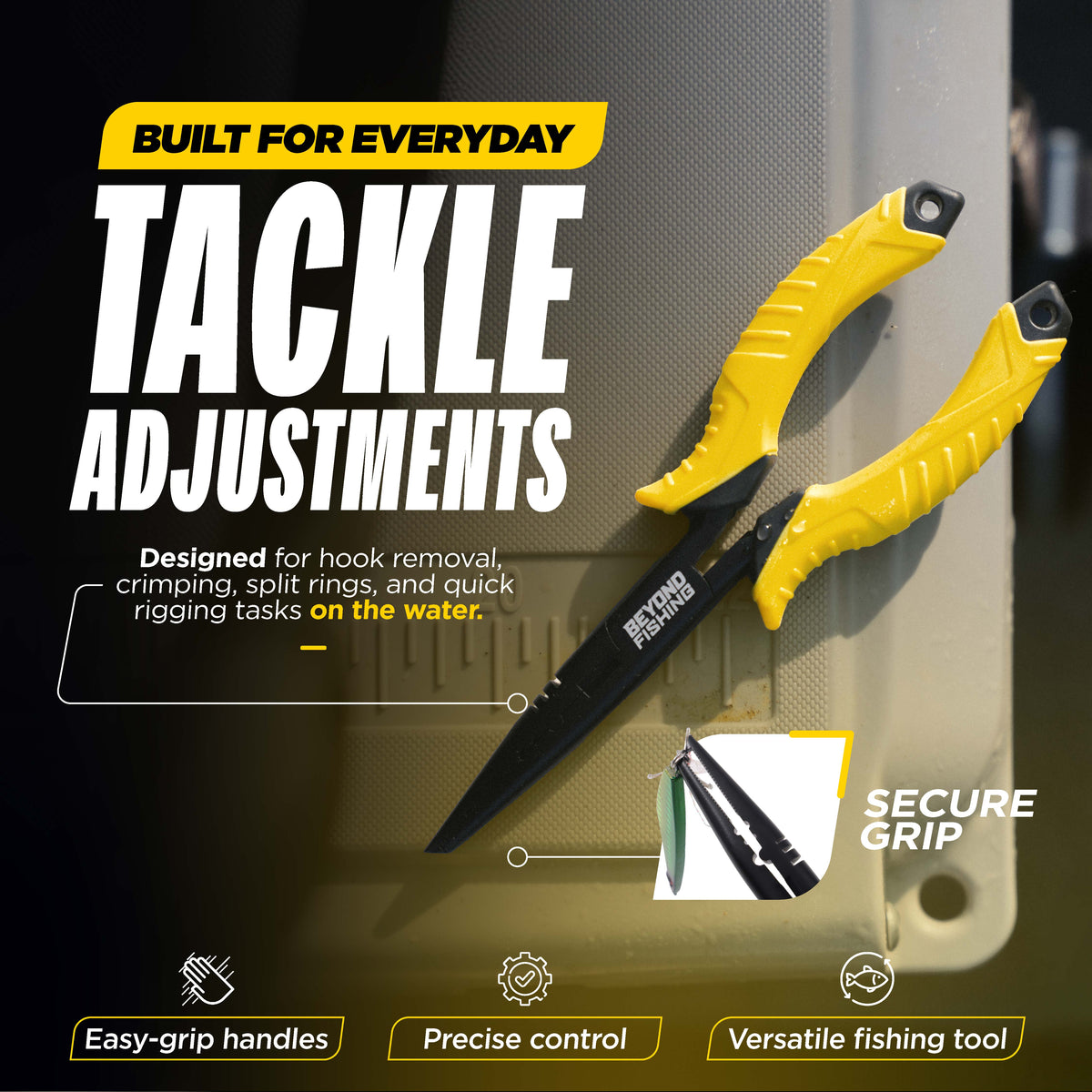Fishing tool with yellow handle and black blade on a dark background, featuring text about tackle adjustments.