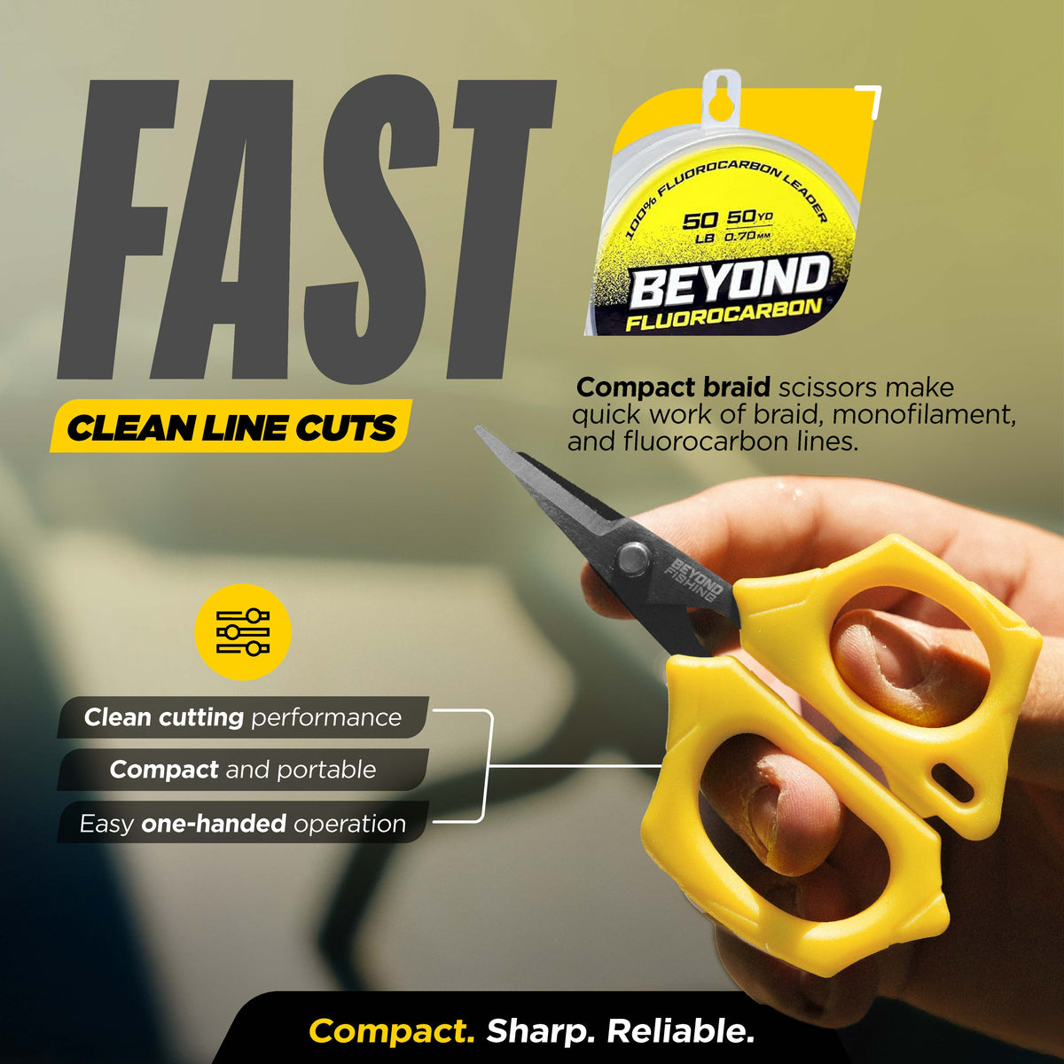 Yellow compact braid scissors with text highlighting features on a green background