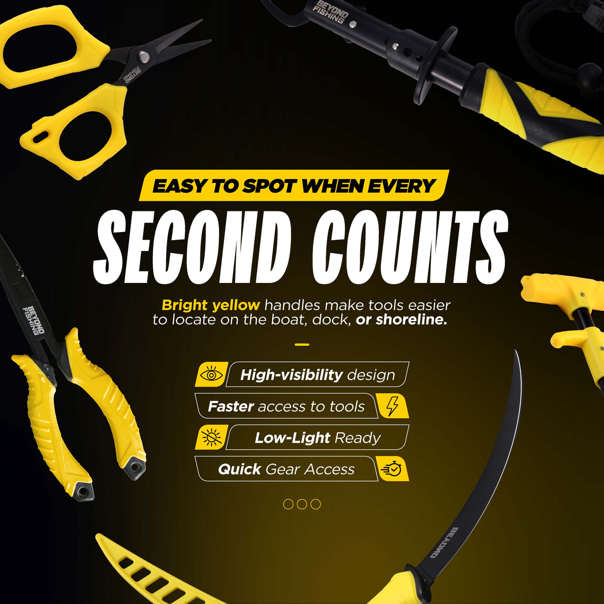 Yellow tools with text on a black background highlighting features.