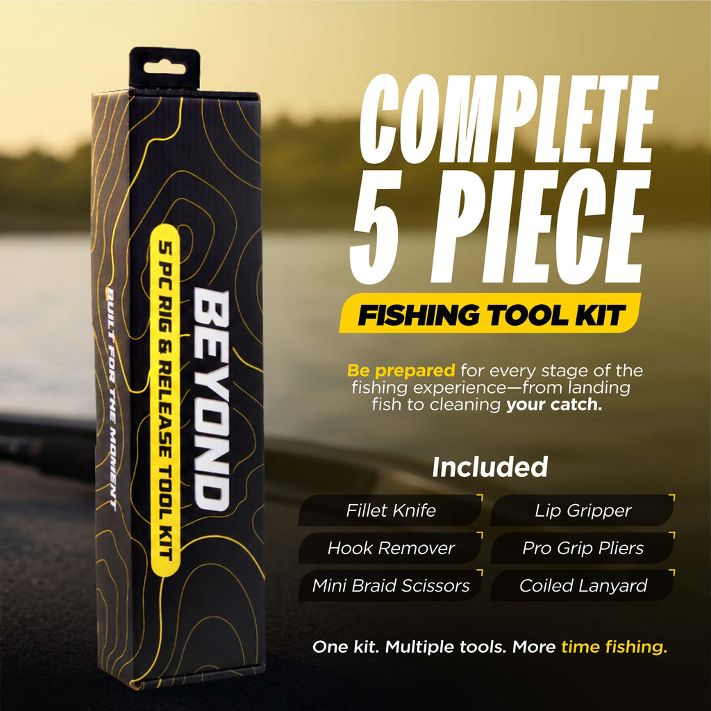 Fishing tool kit packaging with text on a blurred fishing scene background