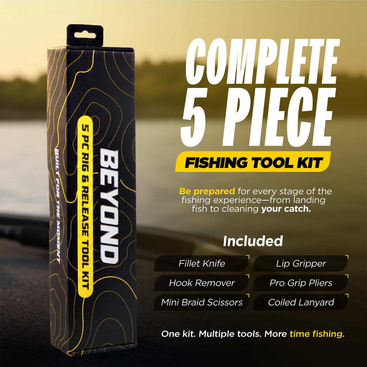 Fishing tool kit packaging with text on a blurred fishing scene background