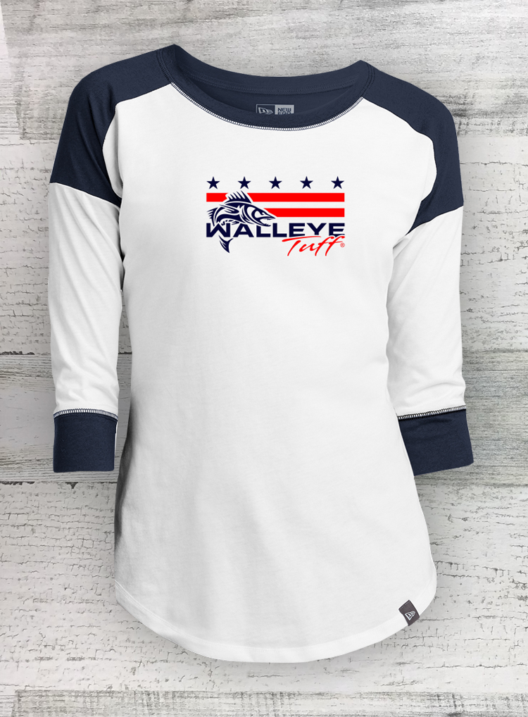 Baseball shirt with 'Walleye Fest' logo on a textured white background