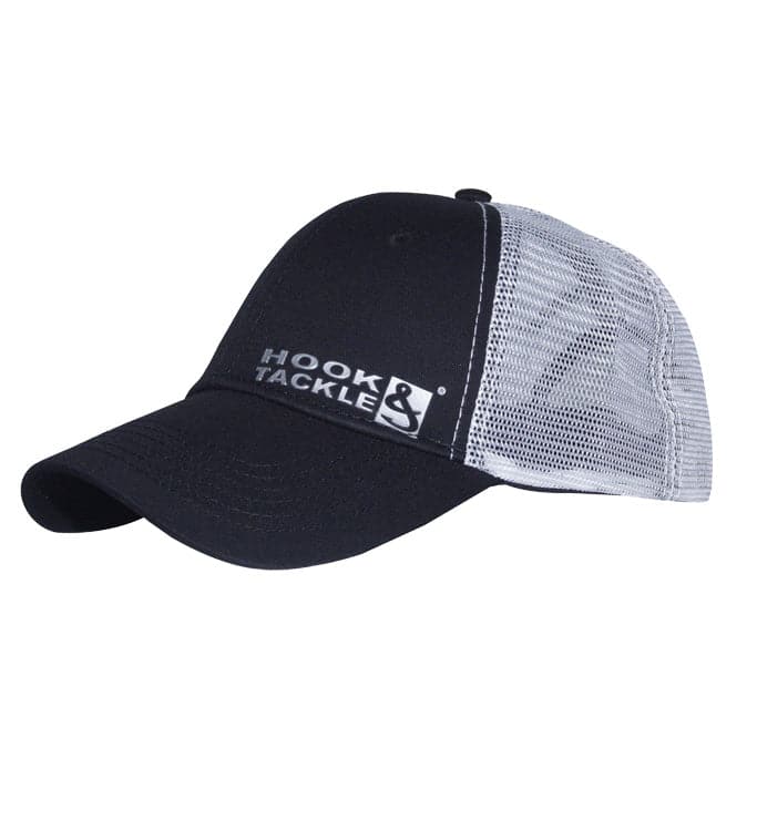 Black and gray cap with 'Hook & Tackle' logo on a white background