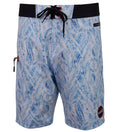 Blue patterned shorts with a black waistband on a white background