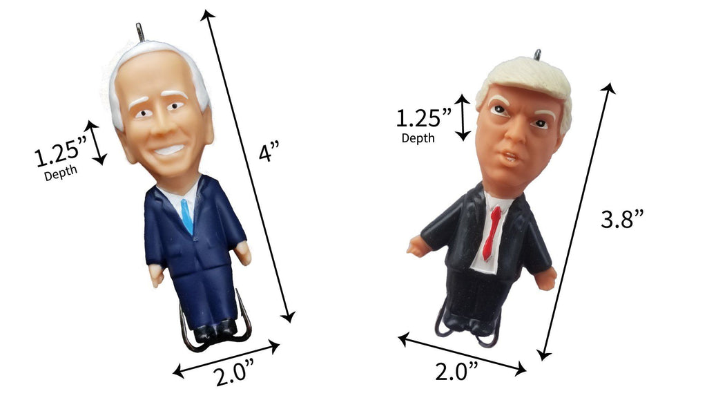 Two figurines with measurements indicated on a white background