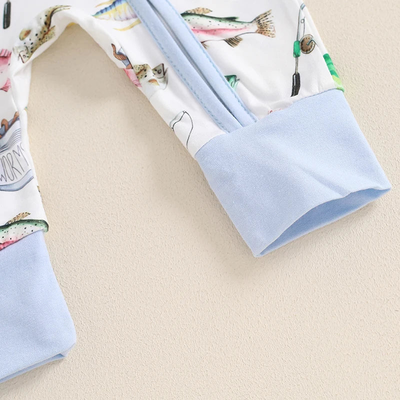 Baby Boys Girls Autumn Casual Romper Long Sleeve Crew Neck Fish Print Zipper Jumpsuit — kids fishing gear, view 6